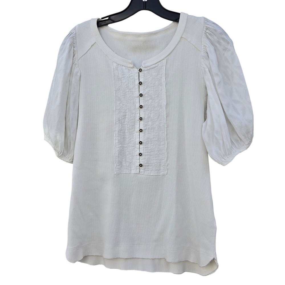 Pilcro Anthropologie Boho Coastal Peasant Puff Sleeve Ribbed Henley Medium Indie